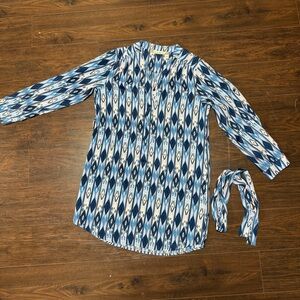 CHELSEA & VIOLET BLUE AND WHITE AZTEC PARTER BELTED SHIRT DRESS